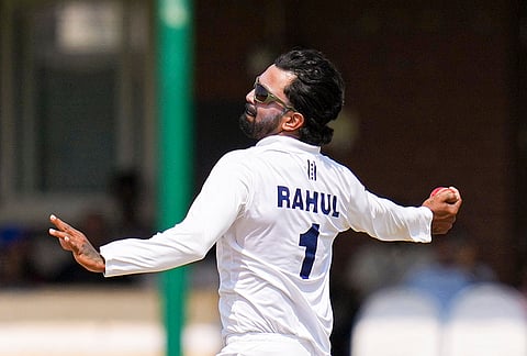 Karnataka's KL Rahul bowls a delivery on day five of the Ranji Trophy 2025-26 final cricket match between Karnataka and Jammu and Kashmir, at KSCA Cricket Stadium, in Hubballi, Dharwad district.