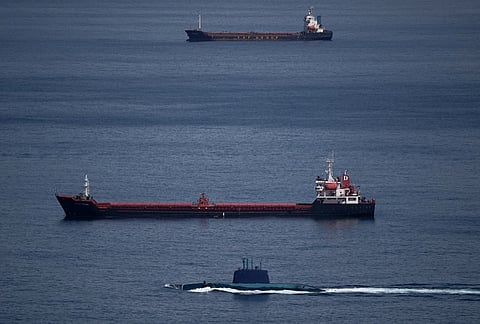 An Israeli submarine is seen in the Haifa Bay , northern Israel after Israel issued a nationwide alert following its strikes on Iran.
