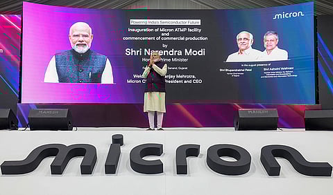 Prime Minister Narendra Modi during the inauguration of Micron Technology's ATMP (Assembly, Testing, Marking and Packaging) plant, in Sanand, Ahmedabad district. 