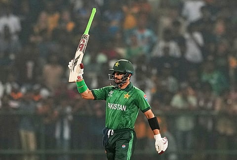 Pakistan's Sahibzada Farhan celebrates his fifty runs during the T20 World Cup cricket match between Pakistan and Sri Lanka in Pallekele, Sri Lanka.