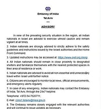 X :  It stated: “In view of the prevailing security situation in the region, all Indian nationals in Israel are advised to exercise utmost caution and remain vigilant at all times.”