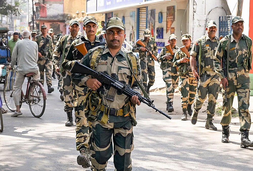 Security personnel patrol on the day the Election Commission is scheduled to publish West Bengal's post-SIR electoral rolls, in Nadia, West Bengal. - | Photo: PTI