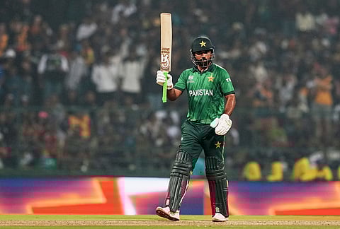 Pakistan's Fakhar Zaman celebrates his fifty runs during the T20 World Cup cricket match between Pakistan and Sri Lanka in Pallekele, Sri Lanka.