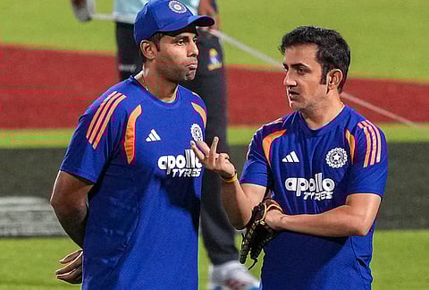 India's captain Suryakumar Yadav, left, and head coach Gautam Gambhir during a practice session ahead of an ICC Men's T20 World Cup 2026 cricket match between India and West Indies, at the Eden Gardens, in Kolkata, West Bengal.