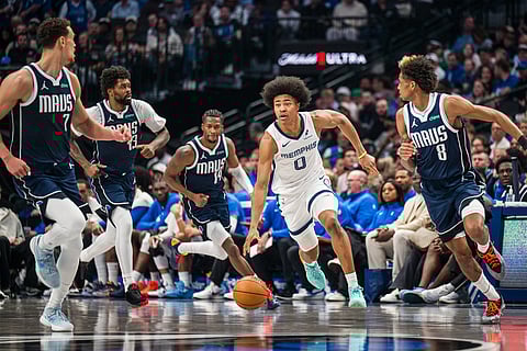 Memphis Grizzlies forward Jaylen Wells (0) drives the ball during an NBA basketball game against the Dallas Mavericks in Dallas.