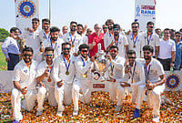 Jammu And Kashmir Dominate Karnataka, Clinch Historic Ranji Trophy Title In Hubballi | Photo: PTI/Shailendra Bhojak : Jammu and Kashmir Chief Minister Omar Abdullah poses with players during the felicitation ceremony after the team's victory in the Ranji Trophy 2025-26 final cricket match against Karnataka, at KSCA Stadium, in Hubballi, Karnataka.