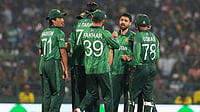 AP/Eranga Jayawardena : Pakistan's Abrar Ahmed, facing the camera, celebrates with teammates the wicket of Sri Lanka's Kamil Mishara during the T20 World Cup match between Pakistan and Sri Lanka in Pallekele.