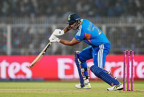 India's Shivam Dube plays a shot during the T20 World Cup cricket match between India and West Indies in Kolkata.