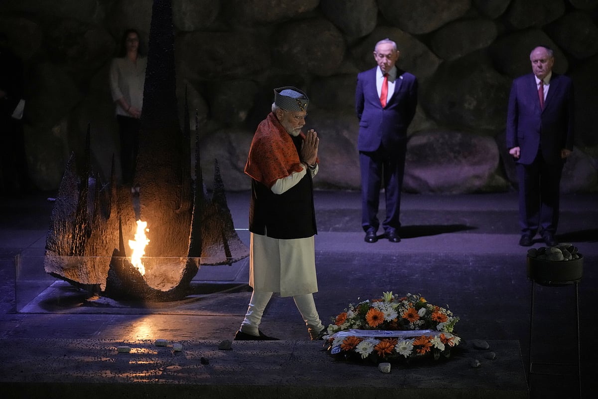 India's Prime Minister Narendra Modi lays a wreath and a rock at the Hall of Remembrance during his visit to the Yad Vashem Holocaust Memorial Museum in Jerusalem, Thursday, Feb. 26, 2026.  - Leo Correa