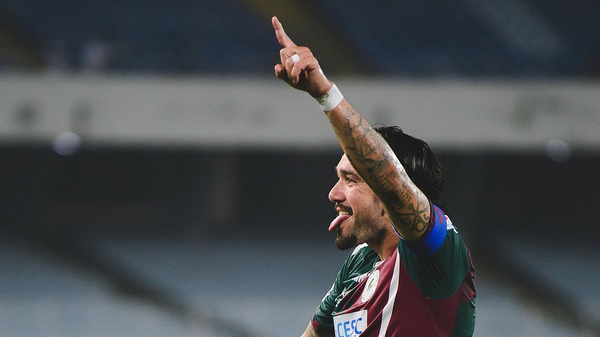 Mohun Bagan Super Giant footballer Dimitri Petratos celebrating after scoring against Mohammedan Sporting in ISL 2025-26 Kolkata derby.  - IndSuperLeague/X