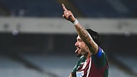 IndSuperLeague/X : Mohun Bagan Super Giant footballer Dimitri Petratos celebrating after scoring against Mohammedan Sporting in ISL 2025-26 Kolkata derby. 