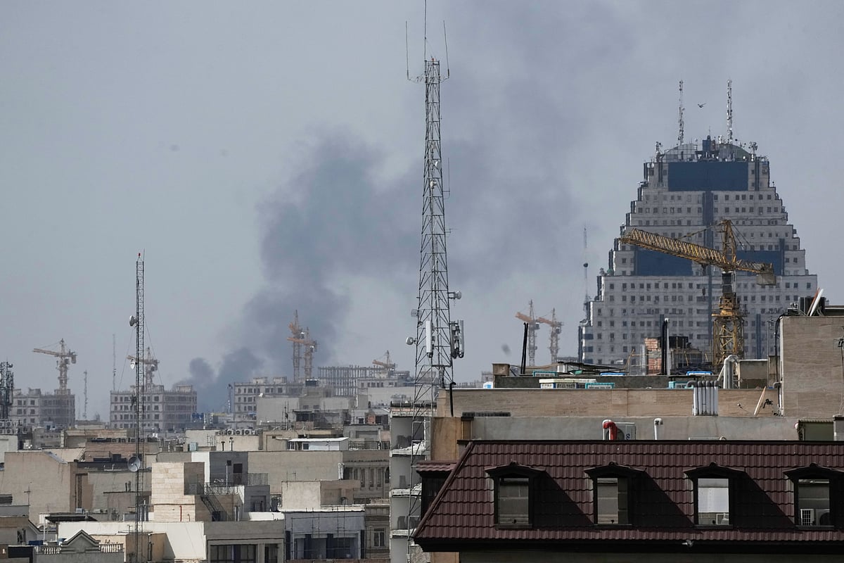 Smoke rises on the skyline after an explosion in Tehran, Iran, Saturday, Feb. 28, 2026. - AP Photo