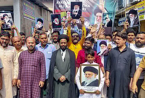 People from the Muslim community stage a protest against the alleged killing of Iran's Supreme Leader Ali Khamenei in US-Israel strikes, in Ranchi.