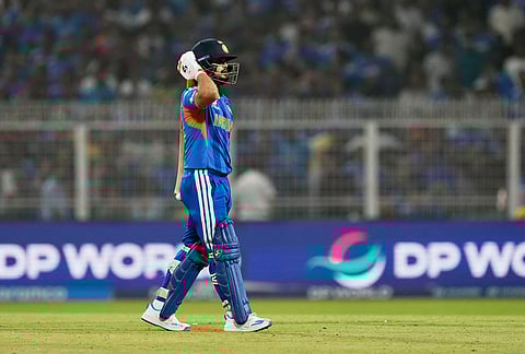 India's Ishan Kishan reacts as he leaves the ground after losing his wicket during the T20 World Cup cricket match between India and West Indies in Kolkata.