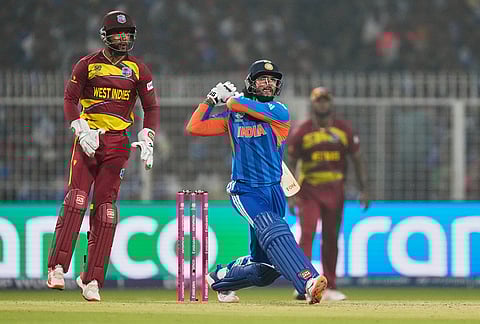 India's Tilak Varma plays a shot during the T20 World Cup cricket match between India and West Indies in Kolkata.
