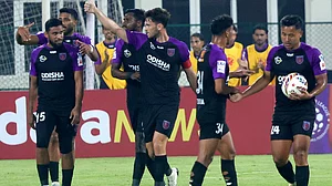 | Photo: AIFF : Odisha FC's Carlos Delgado celebrates scoring against Chennaiyin FC during their Indian Super League match on March 1, 2026.