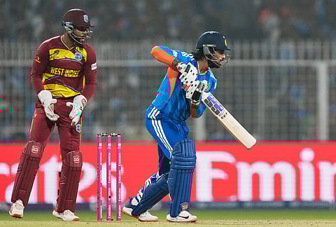 India's Tilak Varma plays a shot during the T20 World Cup cricket match between India and West Indies in Kolkata.