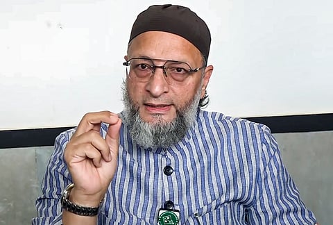 AIMIM chief Asaduddin Owaisi addresses a press conference on the reported killing of Iranian Supreme Leader Ayatollah Ali Khamenei, in Hyderabad.