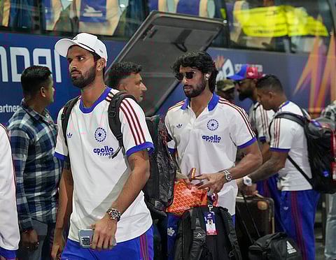 India's Washington Sundar and Tilak Varma leave from the airport after the team's arrival for the ICC Men's T20 World Cup 2026 cricket match against West Indies, in Kolkata.