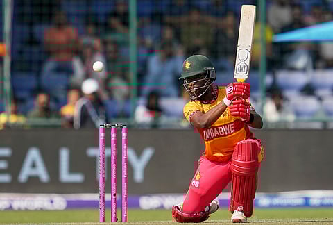Zimbabwe's Dion Myers plays a shot during the T20 World Cup cricket match between South Africa and Zimbabwe in New Delhi.