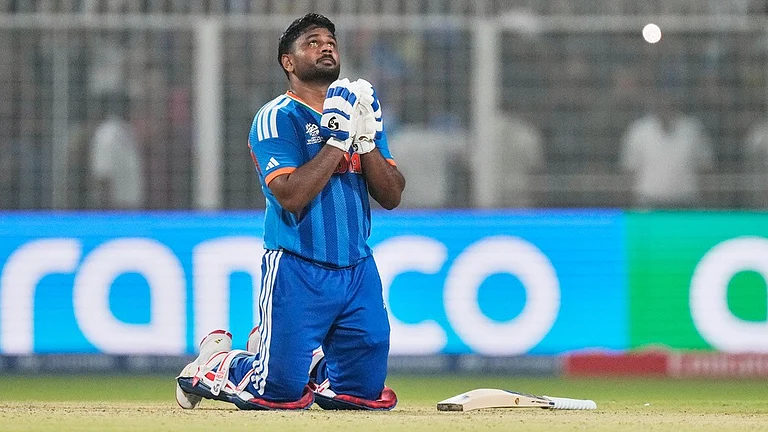 Sanju Samson looks to the heavens after helping India win the T20 World Cup match against West Indies in Kolkata. - AP