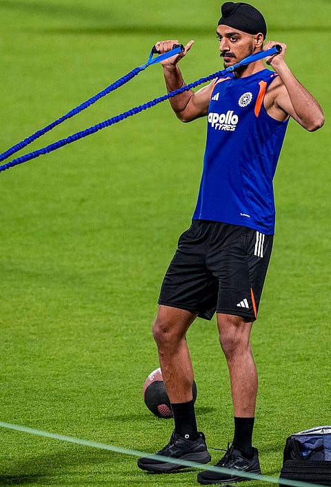 India's Arshdeep Singh during a practice session ahead of an ICC Men's T20 World Cup 2026 cricket match between India and West Indies, at the Eden Gardens, in Kolkata, West Bengal.
