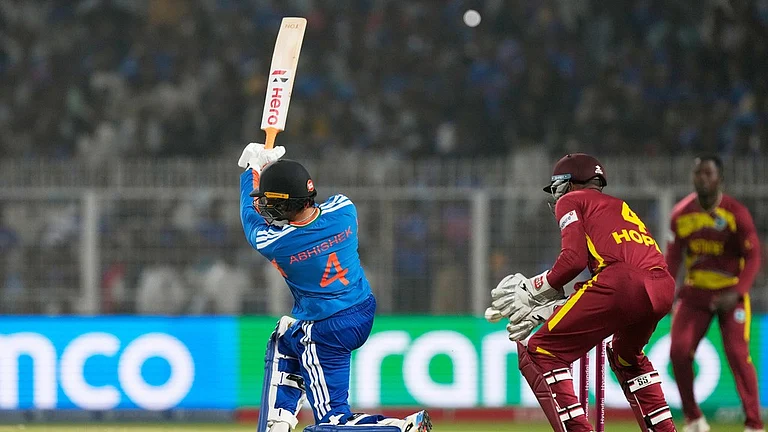 Abhishek Sharma plays a shot during the T20 World Cup match between India and West Indies in Kolkata. - Photo: AP
