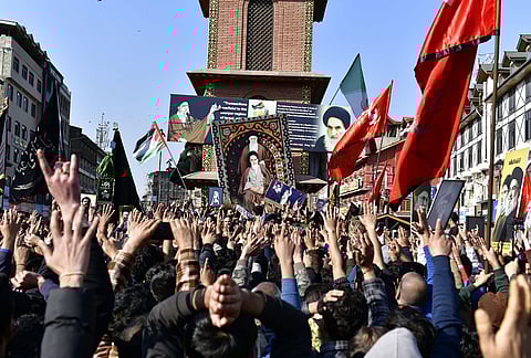 People protest against the alleged killing of Iranian Supreme Leader Ayatollah Ali Khamenei in a reported US-Israel strike, in Srinagar