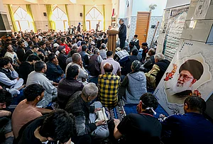 | Photo: PTI : People offer prayers following the alleged killing of Iran's Supreme Leader Ayatollah Ali Khamenei in a US-Israel strike, at a mosque, in Jammu. Iran confirmed Khamenei's death after airstrikes targeted his compound in Tehran.