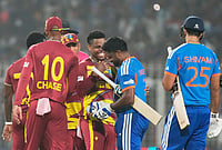 | Photo: AP/Bikas Das : West Indies' Shimron Hetmyer, center, chats with India's Sanju Samson after India won the T20 World Cup cricket match against West Indies in Kolkata.