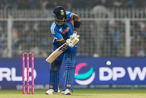 India's captain Suryakumar Yadav plays a shot during the T20 World Cup cricket match between India and West Indies in Kolkata.