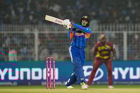 India's Abhishek Sharma plays a shot during the T20 World Cup cricket match between India and West Indies in Kolkata.