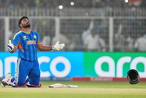 India's Sanju Samson looks to the heavens after India won the T20 World Cup cricket match against West Indies in Kolkata.