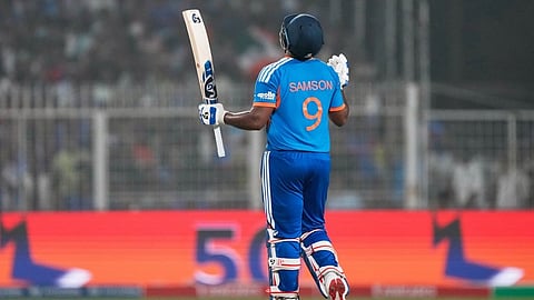 Sanju Samson celebrates his fifty runs during the T20 World Cup match between India and West Indies in Kolkata.