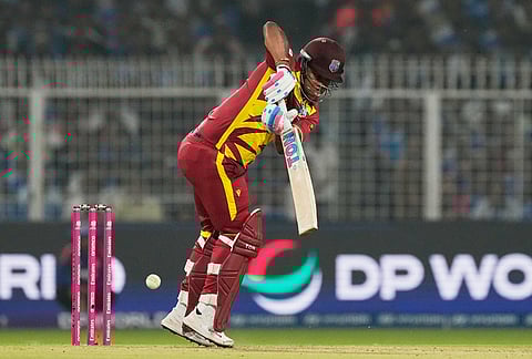 West Indies' Shimron Hetmyer plays a shot during the T20 World Cup cricket match between India and West Indies in Kolkata.