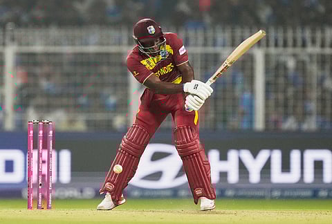 West Indies' Rovman Powell plays a shot during the T20 World Cup cricket match between India and West Indies in Kolkata.