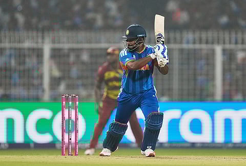 India's Sanju Samson plays a shot during the T20 World Cup cricket match between India and West Indies in Kolkata.