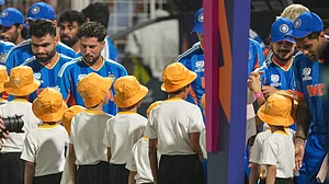 (PTI Photo/Swapan Mahapatra) : Kolkata: India's captain Suryakumar Yadav, Rinku Singh, Kuldeep Yadav and Ishan Kishan interact with children before an ICC Men's T20 World Cup 2026 cricket match between India and West Indies, at the Eden Gardens, in Kolkata, West Bengal, Sunday, March 1, 2026