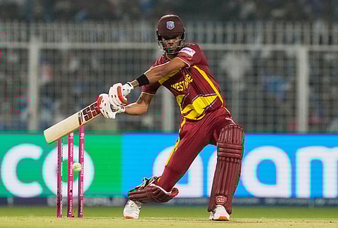 West Indies' Roston Chase plays a shot during the T20 World Cup cricket match between India and West Indies in Kolkata.