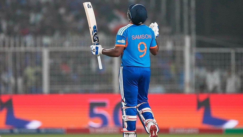 Sanju Samson celebrates his fifty runs during the T20 World Cup match between India and West Indies in Kolkata. - AP