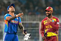 India Vs West Indies, T20 World Cup Super Eights: See Best Photos From Kolkata's Eden Gardens | Photo: AP/Bikas Das : India's captain Suryakumar Yadav, left, tosses the coin as West Indies' captain Shai Hope looks on before the start of the T20 World Cup cricket match between India and West Indies in Kolkata.
