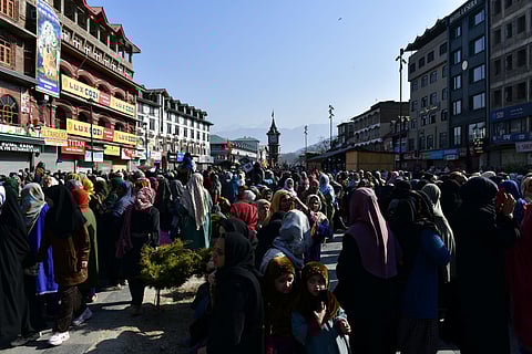 People take part in a protest against the alleged killing of Iranian Supreme Leader Ayatollah Ali Khamenei in a reported US-Israel strike, in Srinagar.