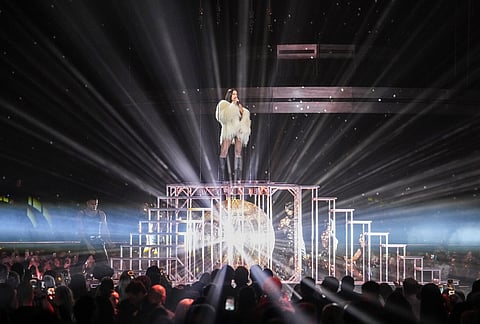 Dua Lipa performs during the Brit Awards 2026 in Manchester, England.