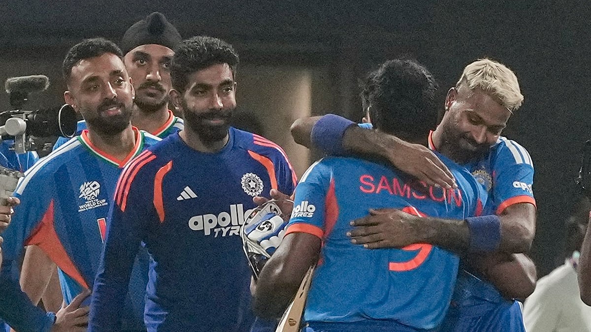 Sanju Samson celebrates with teammates after helping India win the ICC T20 World Cup 2026 match against West Indies, at the Eden Gardens, in Kolkata. - PTI