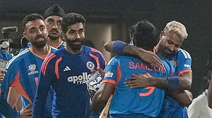 PTI : Sanju Samson celebrates with teammates after helping India win the ICC T20 World Cup 2026 match against West Indies, at the Eden Gardens, in Kolkata.