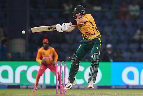 South Africa's Tristan Stubbs plays a shot during the T20 World Cup cricket match between South Africa and Zimbabwe in New Delhi.