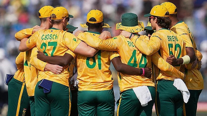 South Africa's team huddles together before the start of the T20 World Cup match between South Africa and Zimbabwe in New Delhi. - AP