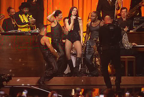 Dua Lipa performs during the Brit Awards 2026 in Manchester, England.