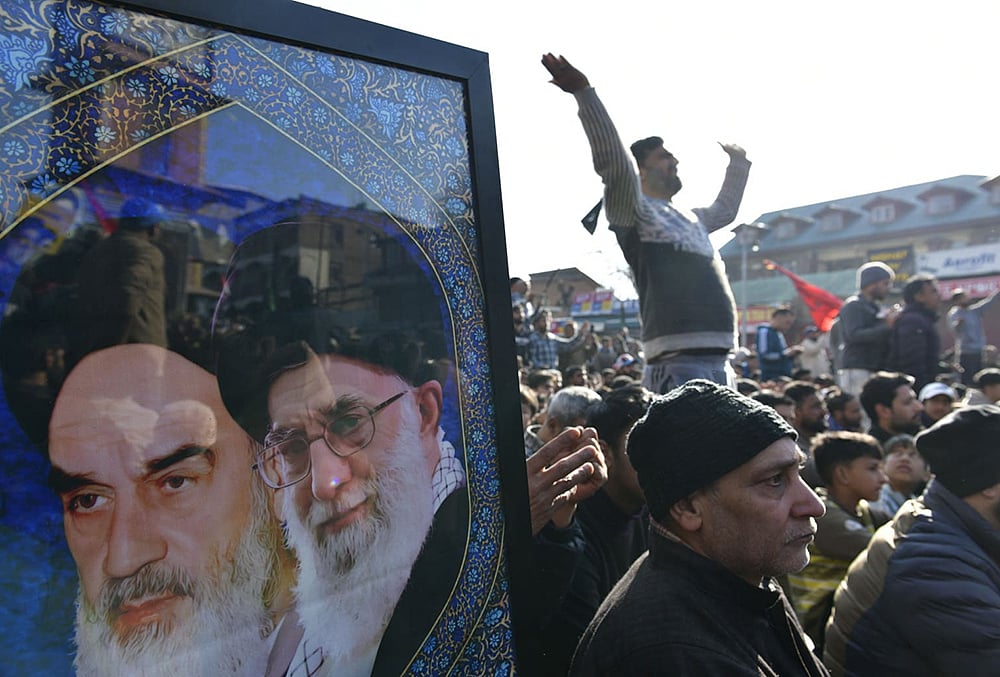 People protest against the alleged killing of Iranian Supreme Leader Ayatollah Ali Khamenei in a reported US-Israel strike, in Srinagar - | Photo: Yasir Iqbal/Outlook