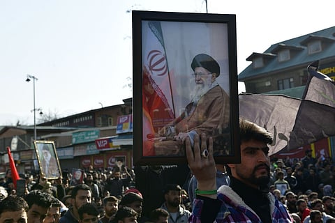 People protest against the alleged killing of Iranian Supreme Leader Ayatollah Ali Khamenei in a reported US-Israel strike, in Srinagar